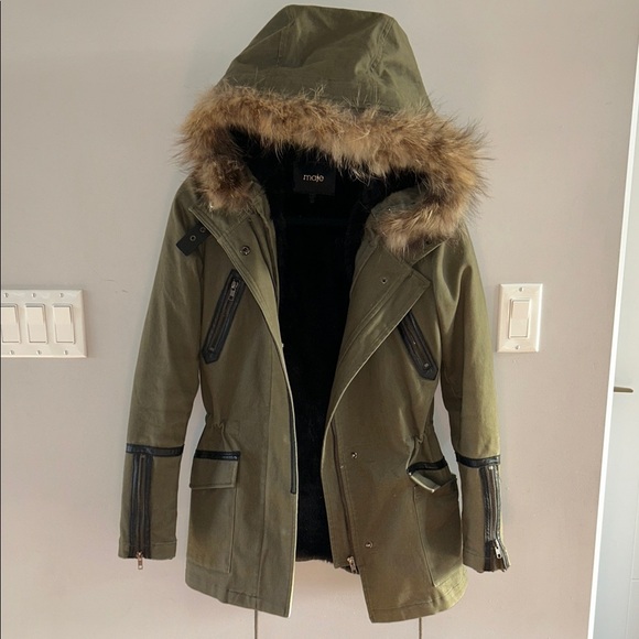 Maje Faux Fur Utility Parka Jacket Olive - Picture 2 of 7